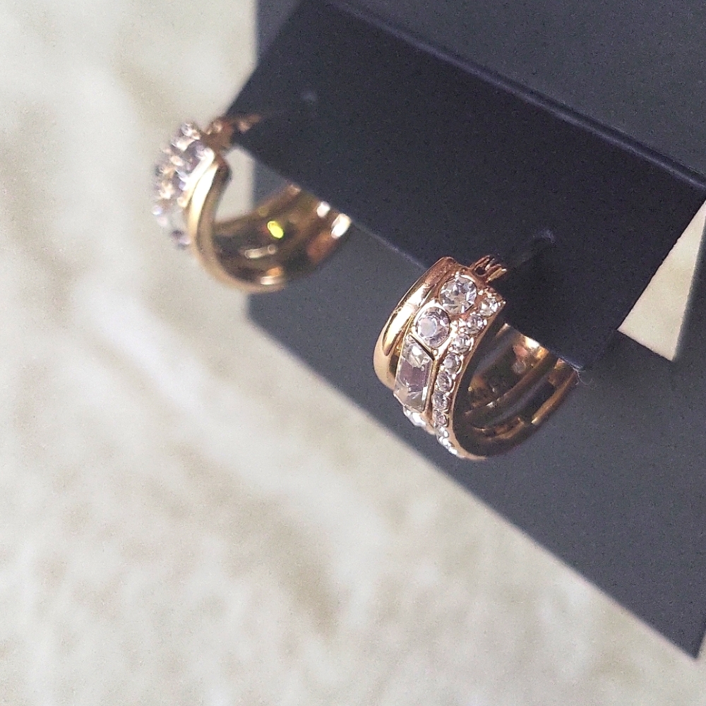 DKNY Gold With Crystal Hoop Earrings - Picture 4 of 4